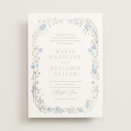 This is a waterfront foil stamped wedding invitations with foil pressed by Erin L. Wilson called victorian trellis printing on signature in standard