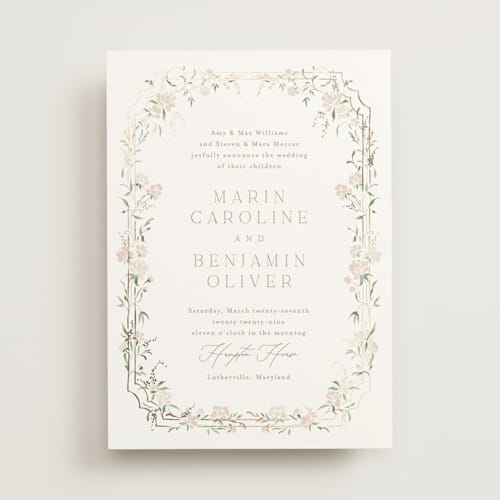 This is a pearl foil stamped wedding invitations with foil pressed by Erin L. Wilson called victorian trellis printing on signature in standard