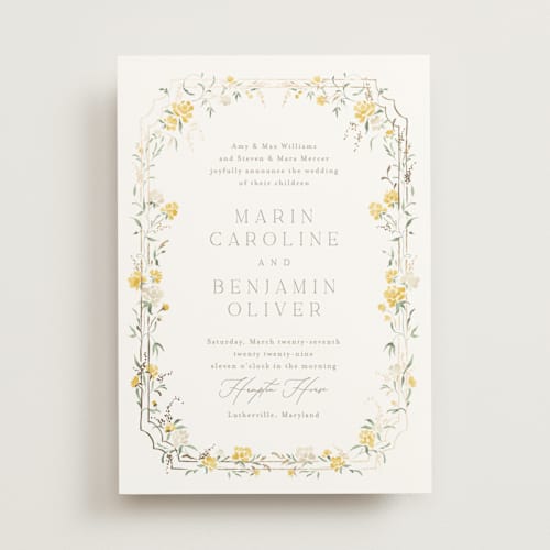 This is a buttercup foil stamped wedding invitations with foil pressed by Erin L. Wilson called victorian trellis printing on signature in standard
