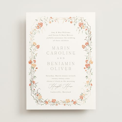 This is a verona sunset foil stamped wedding invitations with foil pressed by Erin L. Wilson called victorian trellis printing on signature in standard