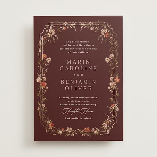This is a autumn breeze foil stamped wedding invitations with foil pressed by Erin L. Wilson called victorian trellis printing on signature in standard