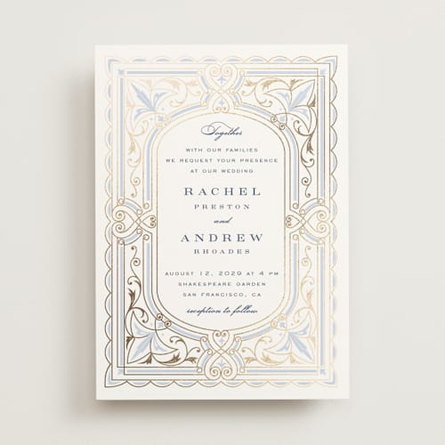 This is a dusty blue foil stamped wedding invitations with foil pressed by Janean Hinger called aurelia printing on signature in standard
