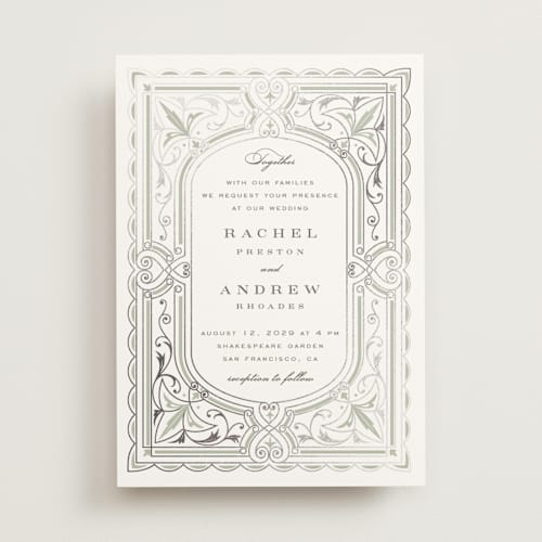 This is a warm eucalyptus foil stamped wedding invitations with foil pressed by Janean Hinger called aurelia printing on signature in standard