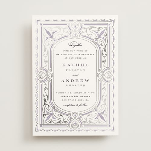 This is a powdered violet foil stamped wedding invitations with foil pressed by Janean Hinger called aurelia printing on signature in standard