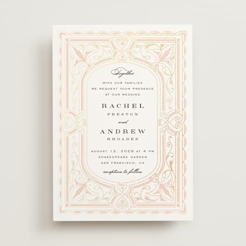 This is a soft peach foil stamped wedding invitations with foil pressed by Janean Hinger called aurelia printing on signature in standard