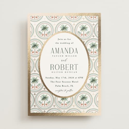 This is a sand foil stamped wedding invitations with foil pressed by Maria Alou called vintage palms printing on signature in standard