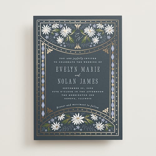 This is a periwinkle foil stamped wedding invitations with foil pressed by Erin German called sadie printing on signature in standard