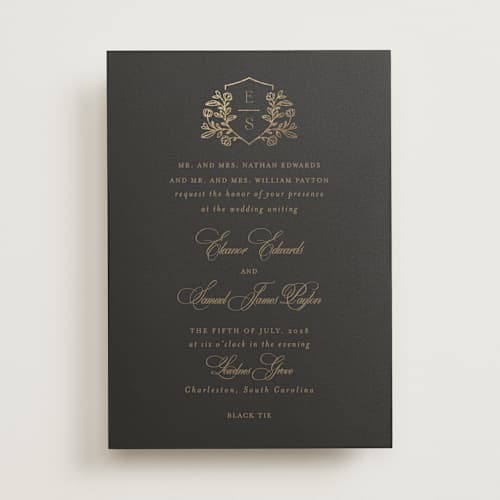 This is a chocolate foil stamped wedding invitations with foil pressed by Mansi Verma called gold crest printing on signature in standard