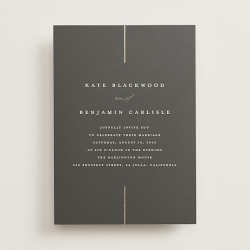This is a iron foil stamped wedding invitations with foil pressed by Erica Krystek called formal lines printing on signature in standard