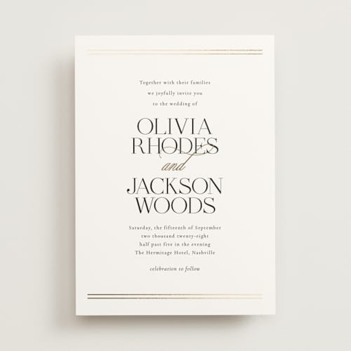 This is a spun sugar foil stamped wedding invitations with foil pressed by Jessica Williams called fineline printing on signature in standard