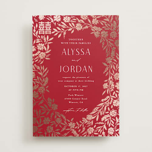 This is a ruby foil stamped wedding invitations with foil pressed by Yaling Hou Suzuki called garden vines printing on signature in standard
