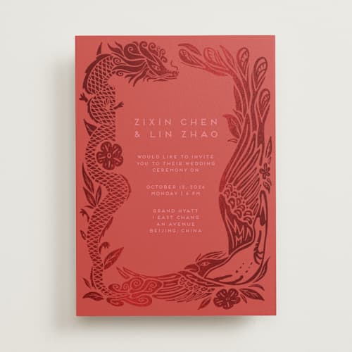 This is a ruby foil stamped wedding invitations with foil pressed by Ghia Designs called fiery printing on signature in standard