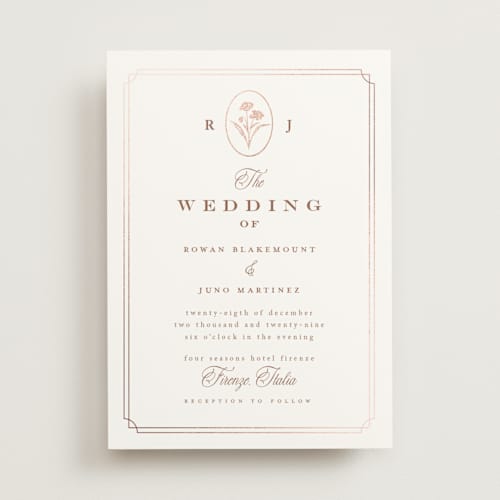 This is a rose foil stamped wedding invitations with foil pressed by chocomocacino called fleu-de-sel printing on signature in standard