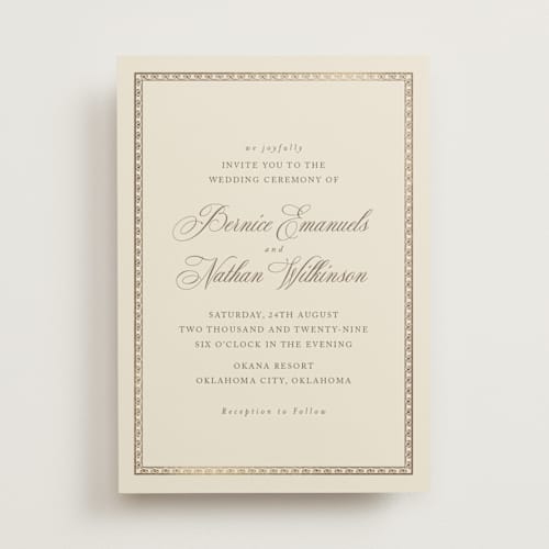 This is a champagne foil stamped wedding invitations with foil pressed by Deynaaz Daraei called ahlum printing on signature in standard