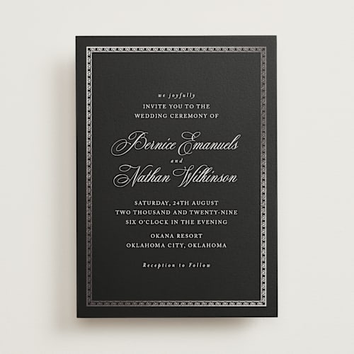 This is a obsidian foil stamped wedding invitations with foil pressed by Deynaaz Daraei called ahlum printing on signature in standard