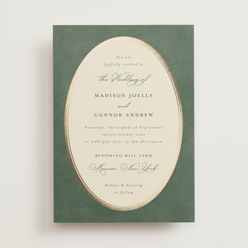 This is a rosemary foil stamped wedding invitations with foil pressed by Emily Betts called vintage oval printing on signature in standard