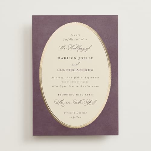 This is a aubergine foil stamped wedding invitations with foil pressed by Emily Betts called vintage oval printing on signature in standard