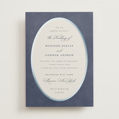 This is a navy foil stamped wedding invitations with foil pressed by Emily Betts called vintage oval printing on signature in standard