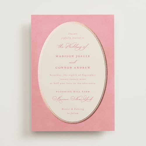 This is a rosebud foil stamped wedding invitations with foil pressed by Emily Betts called vintage oval printing on signature in standard