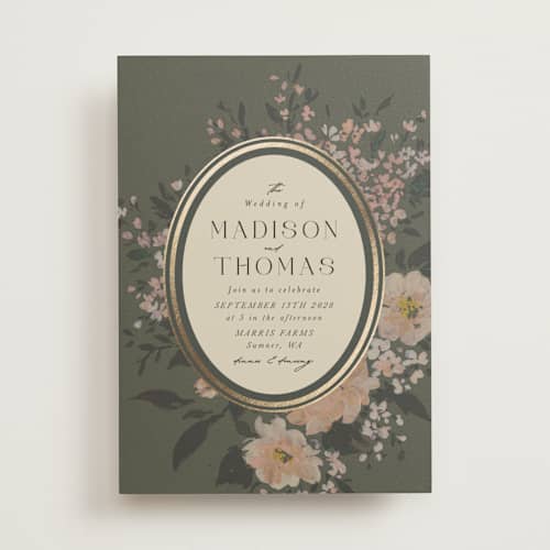 This is a thyme foil stamped wedding invitations with foil pressed by Itsy Belle Studio called madison printing on signature in standard