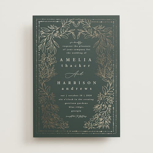This is a forest foil stamped wedding invitations with foil pressed by Hannah Williams called foil botanical frame printing on signature in standard