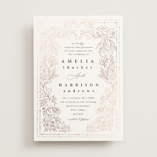 This is a lace foil stamped wedding invitations with foil pressed by Hannah Williams called foil botanical frame printing on signature in standard