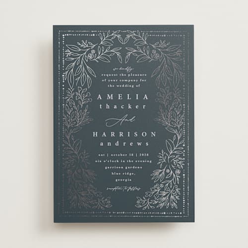 This is a night foil stamped wedding invitations with foil pressed by Hannah Williams called foil botanical frame printing on signature in standard