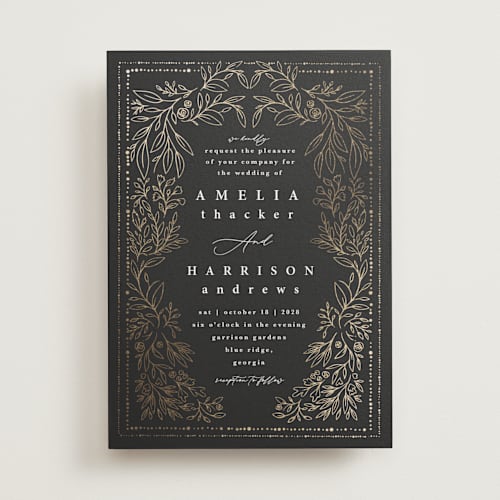 This is a twilight foil stamped wedding invitations with foil pressed by Hannah Williams called foil botanical frame printing on signature in standard