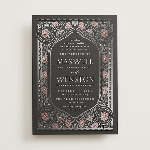 This is a ebony foil stamped wedding invitations with foil pressed by Ana de Sousa called timeless nature printing on signature in standard