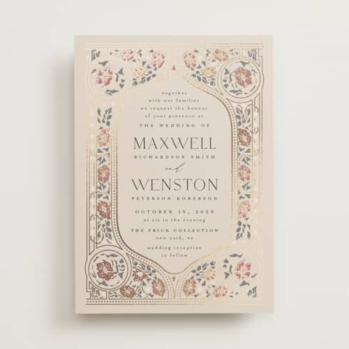 This is a champagne foil stamped wedding invitations with foil pressed by Ana de Sousa called timeless nature printing on signature in standard