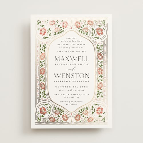 This is a diamond foil stamped wedding invitations with foil pressed by Ana de Sousa called timeless nature printing on signature in standard