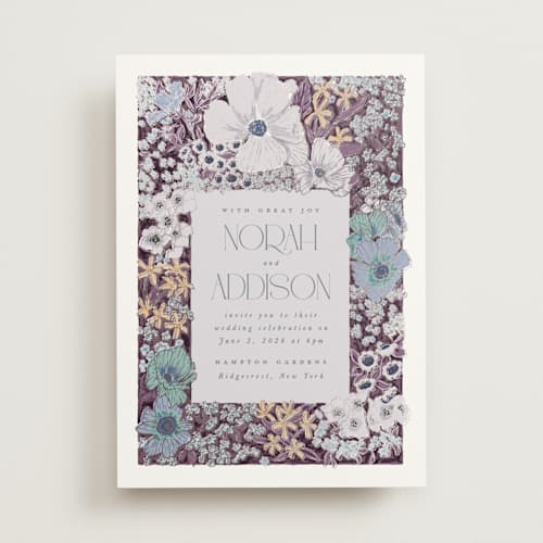This is a peacock foil stamped wedding invitations with foil pressed by Leah Bisch called in the garden printing on signature in standard