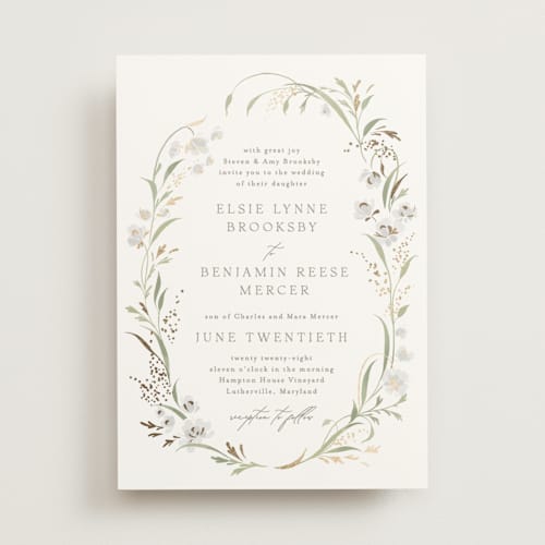 This is a snowdrop foil stamped wedding invitations with foil pressed by Erin L. Wilson called meadow printing on signature in standard