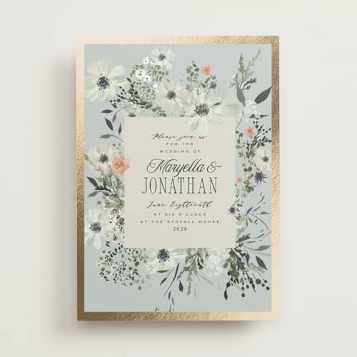 This is a mist foil stamped wedding invitations with foil pressed by Hannah Williams called blue garden printing on signature in standard