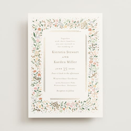 This is a lily foil stamped wedding invitations with foil pressed by Jennifer Wick called esther's garden printing on signature in standard