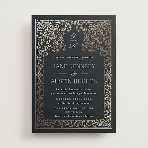 This is a onyx foil stamped wedding invitations with foil pressed by Ana de Sousa called regency grace printing on signature in standard