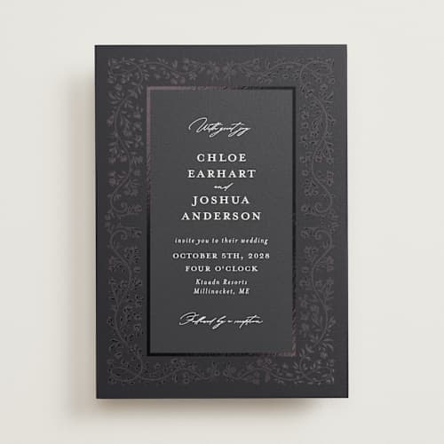 This is a noir foil stamped wedding invitations with foil pressed by Gwen Bedat called floral romance printing on signature in standard