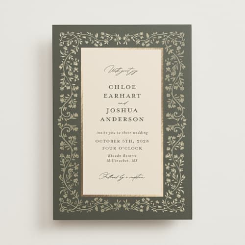 This is a sage foil stamped wedding invitations with foil pressed by Gwen Bedat called floral romance printing on signature in standard
