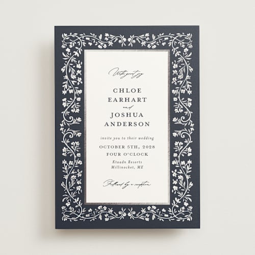 This is a sapphire foil stamped wedding invitations with foil pressed by Gwen Bedat called floral romance printing on signature in standard