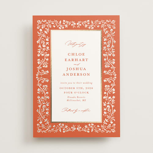 This is a verona sunset foil stamped wedding invitations with foil pressed by Gwen Bedat called floral romance printing on signature in standard