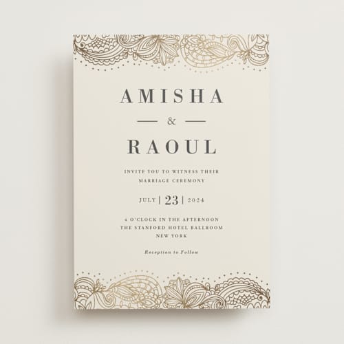 This is a champagne foil stamped wedding invitations with foil pressed by Oma N. Ramkhelawan called elegant henna printing on signature in standard