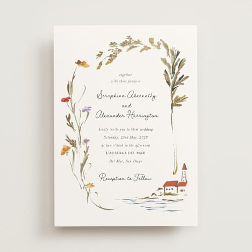 This is a garden green foil stamped wedding invitations with foil pressed by Lucrecia Caporale called coastal bloom printing on signature in standard