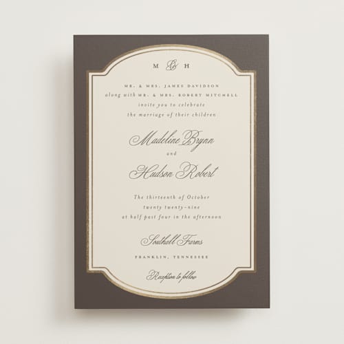 This is a cognac foil stamped wedding invitations with foil pressed by Emily Betts called arch frame printing on signature in standard