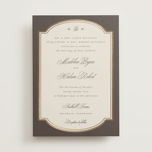 This is a cognac foil stamped wedding invitations with foil pressed by Emily Betts called arch frame printing on signature in standard