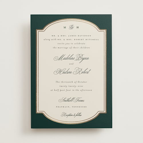 This is a evergreen foil stamped wedding invitations with foil pressed by Emily Betts called arch frame printing on signature in standard
