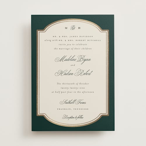 This is a evergreen foil stamped wedding invitations with foil pressed by Emily Betts called arch frame printing on signature in standard