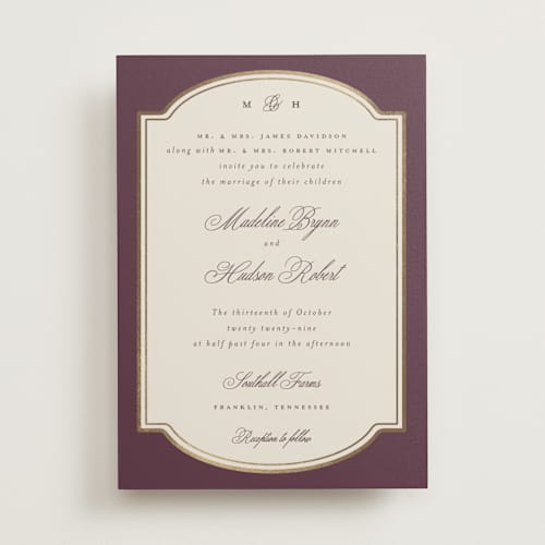 This is a sangria foil stamped wedding invitations with foil pressed by Emily Betts called arch frame printing on signature in standard