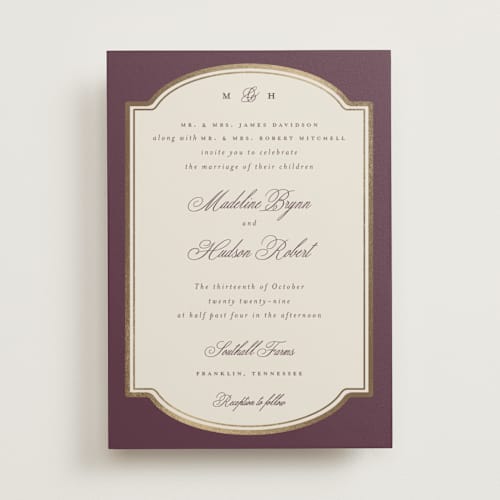 This is a sangria foil stamped wedding invitations with foil pressed by Emily Betts called arch frame printing on signature in standard