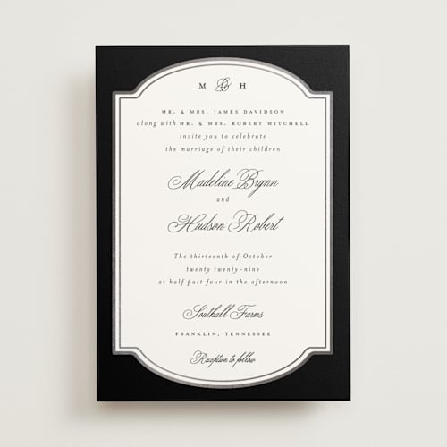 This is a tuxedo foil stamped wedding invitations with foil pressed by Emily Betts called arch frame printing on signature in standard