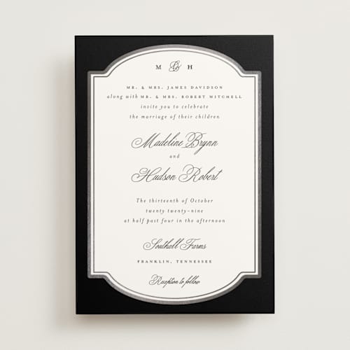 This is a tuxedo foil stamped wedding invitations with foil pressed by Emily Betts called arch frame printing on signature in standard